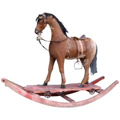 Early 20th Century Rocking Horse with Real Hair and Skin