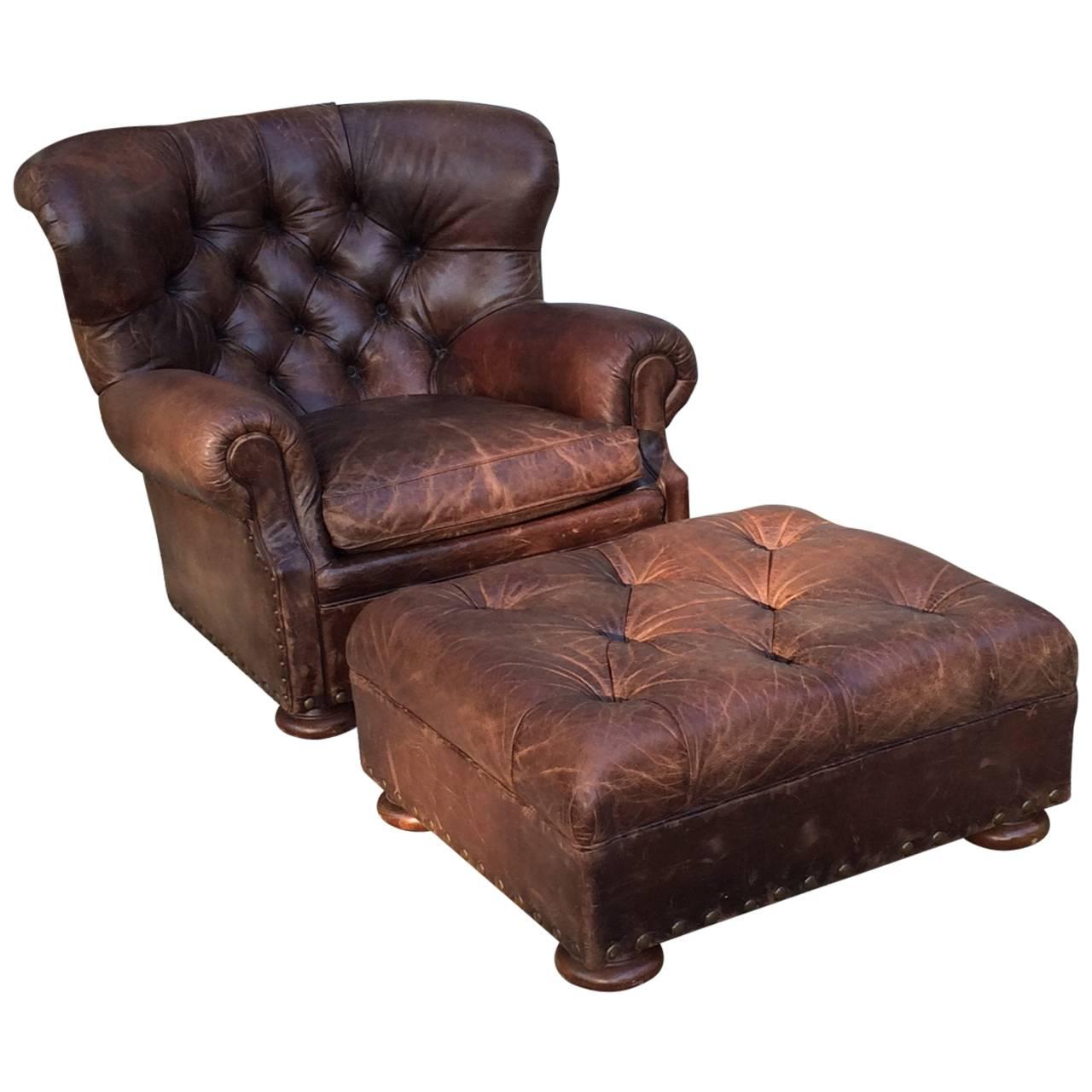 Handsome Large Ralph Lauren Button Tufted Club Chair and Ottoman