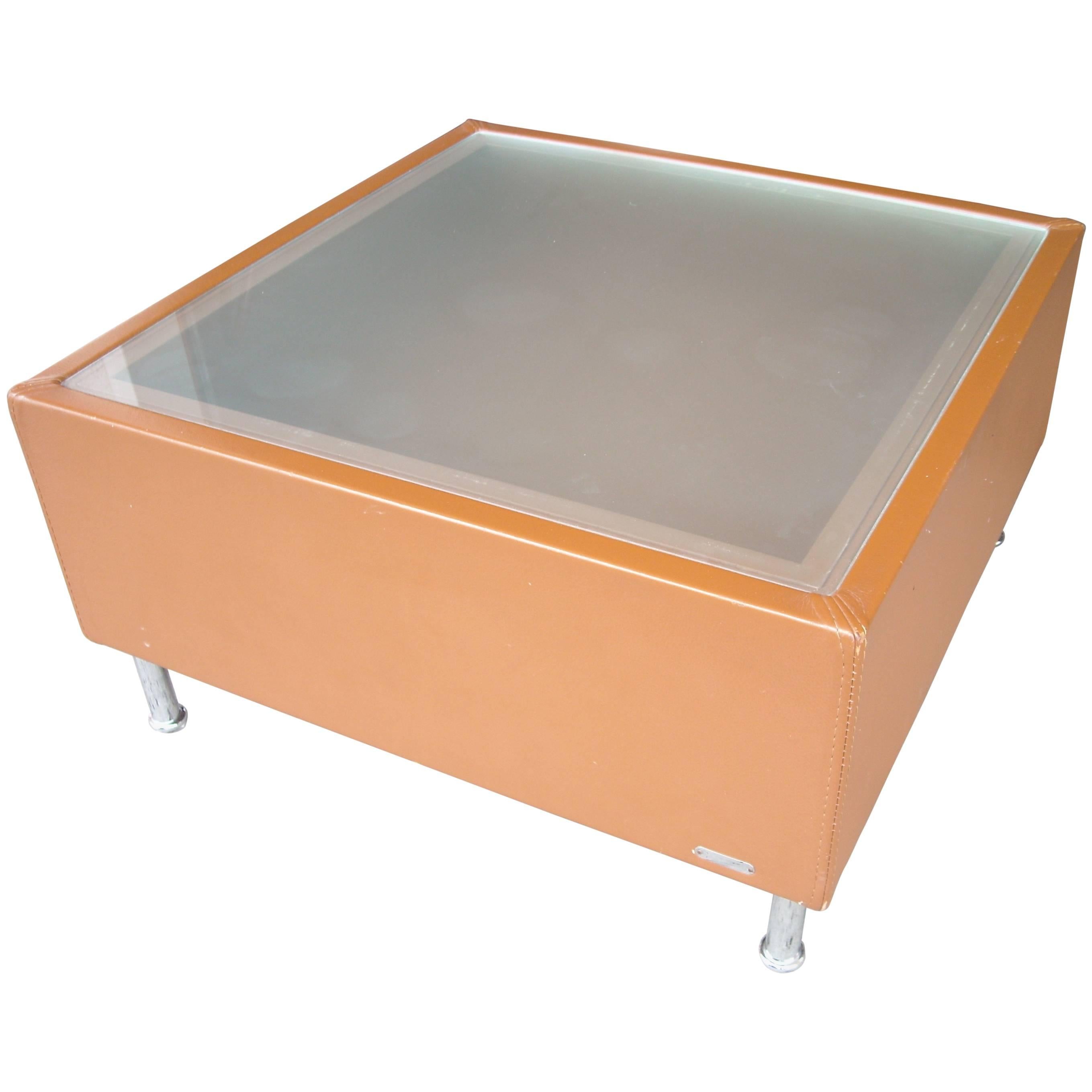 Mascheroni Side or Coffee Cocktail Table, Frosted Glass Top, Leather and Chrome
