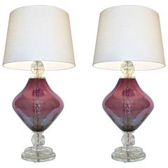 Pair of Contemporary Italian Purple Murano Glass Lamps with Ice Accents