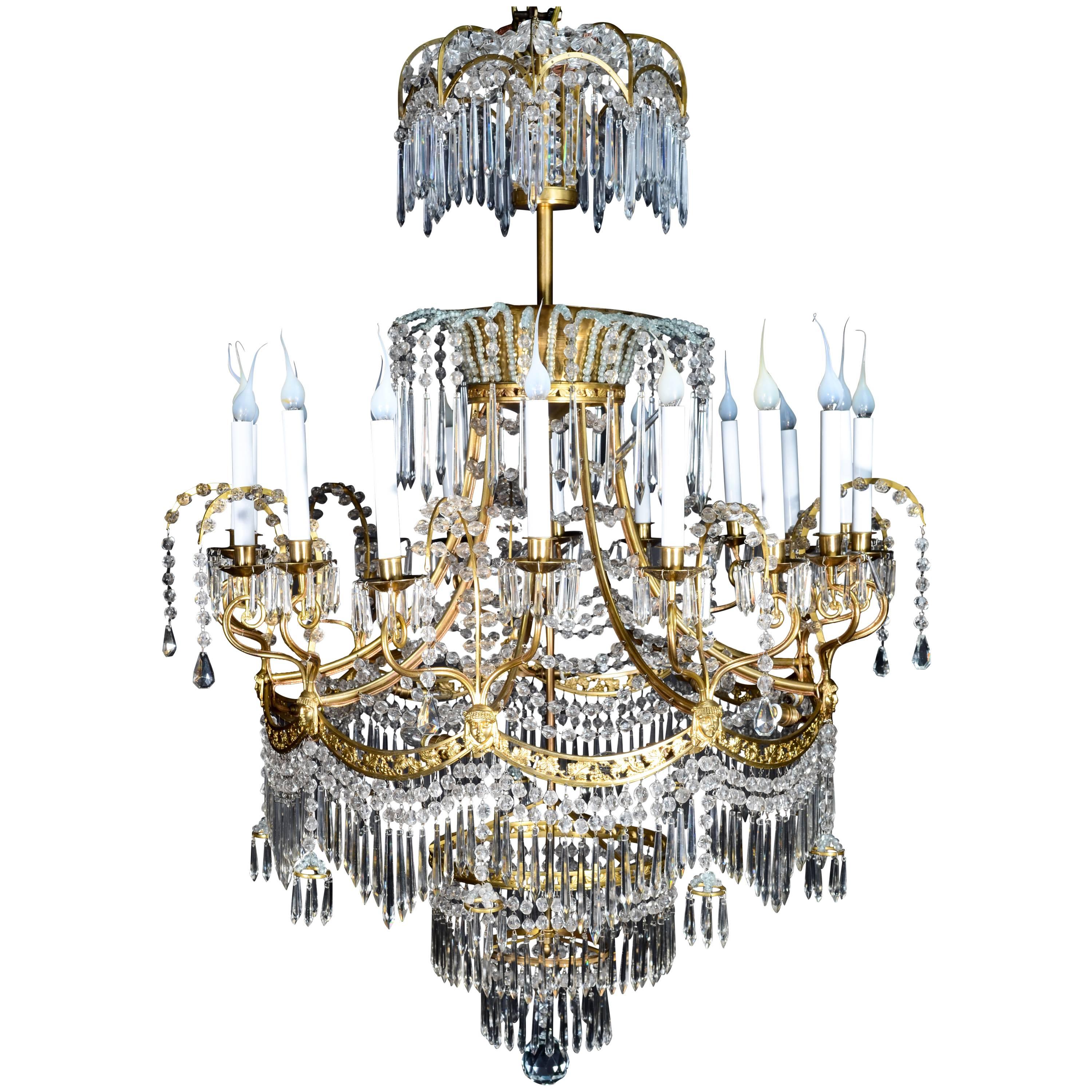 Palatial & Large Antique Russian Neoclassical Gilt Bronze and Crystal Chandelier