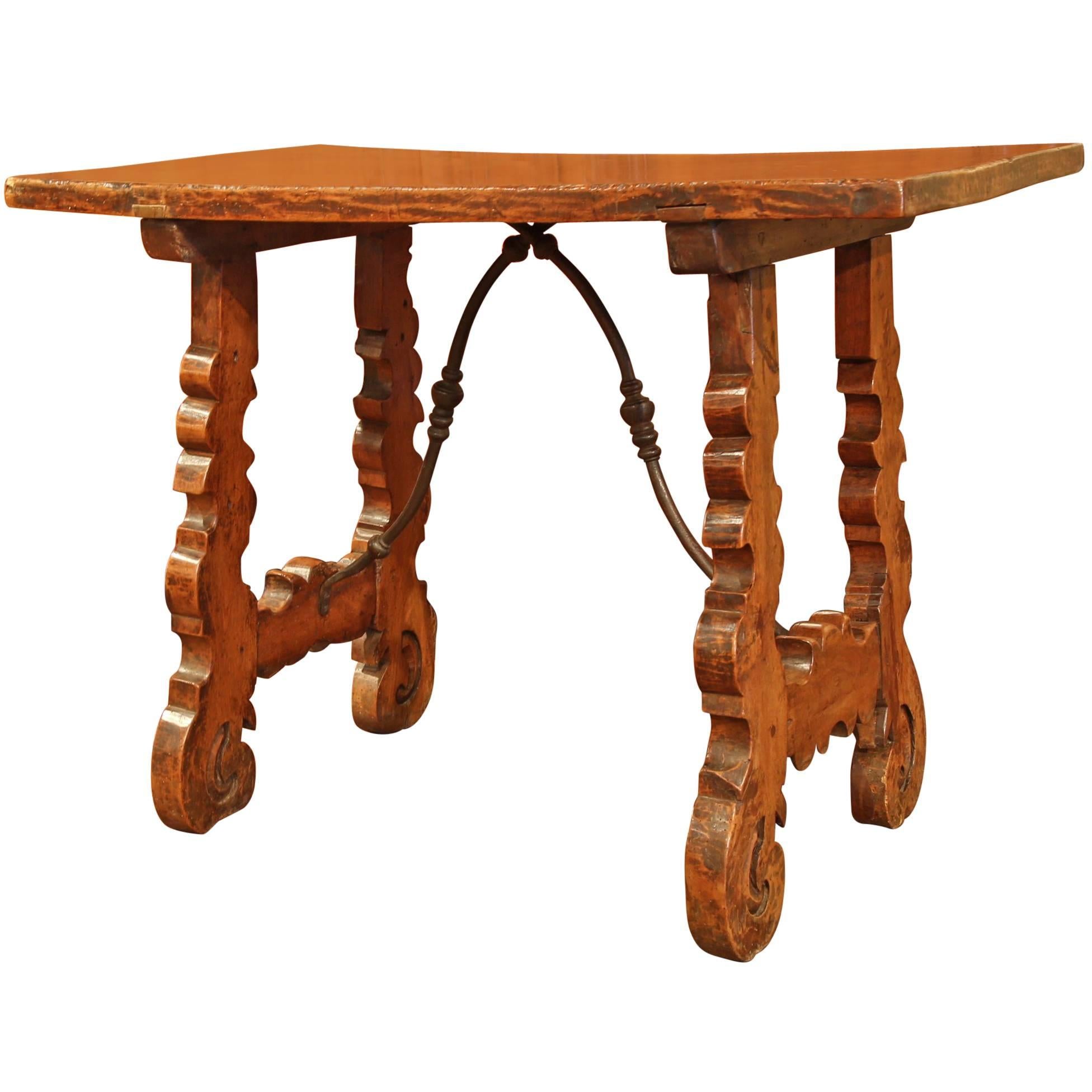 Mid-18th Century Spanish Walnut Table with Iron Stretcher and Single Plank Top