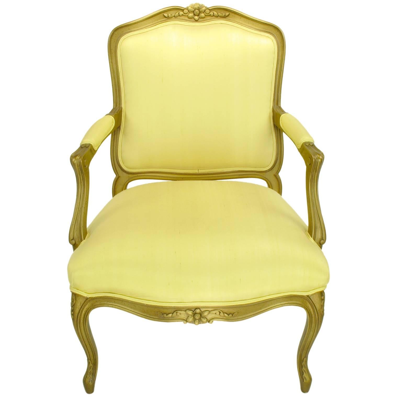 1940s Giltwood Louis XV Style Fauteuil with Saffron Silk Upholstery