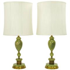 Vintage Pair of 1940s Green Onyx and Brass Regency Table Lamps