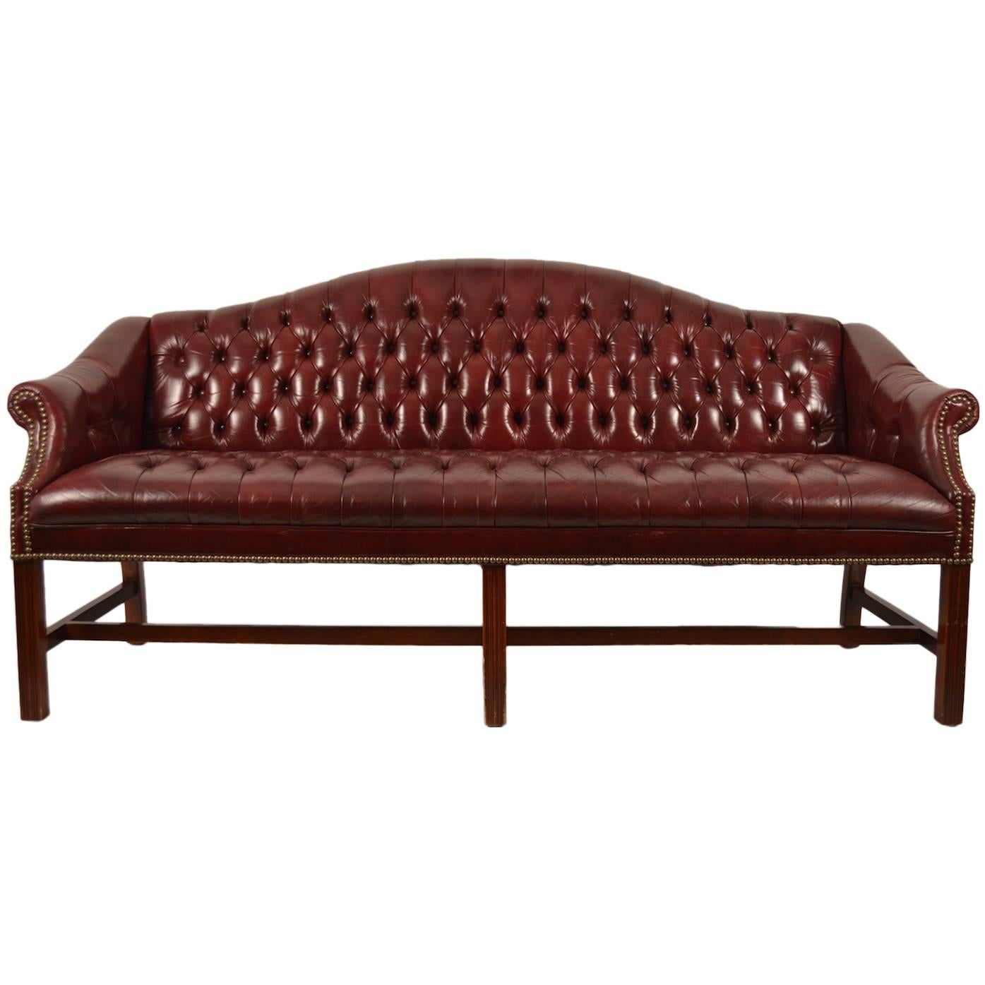 Burgundy Leather Chippendale Camelback Sofa