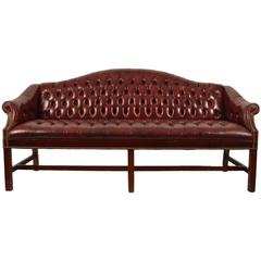 Vintage Burgundy Leather Chippendale Camelback Sofa