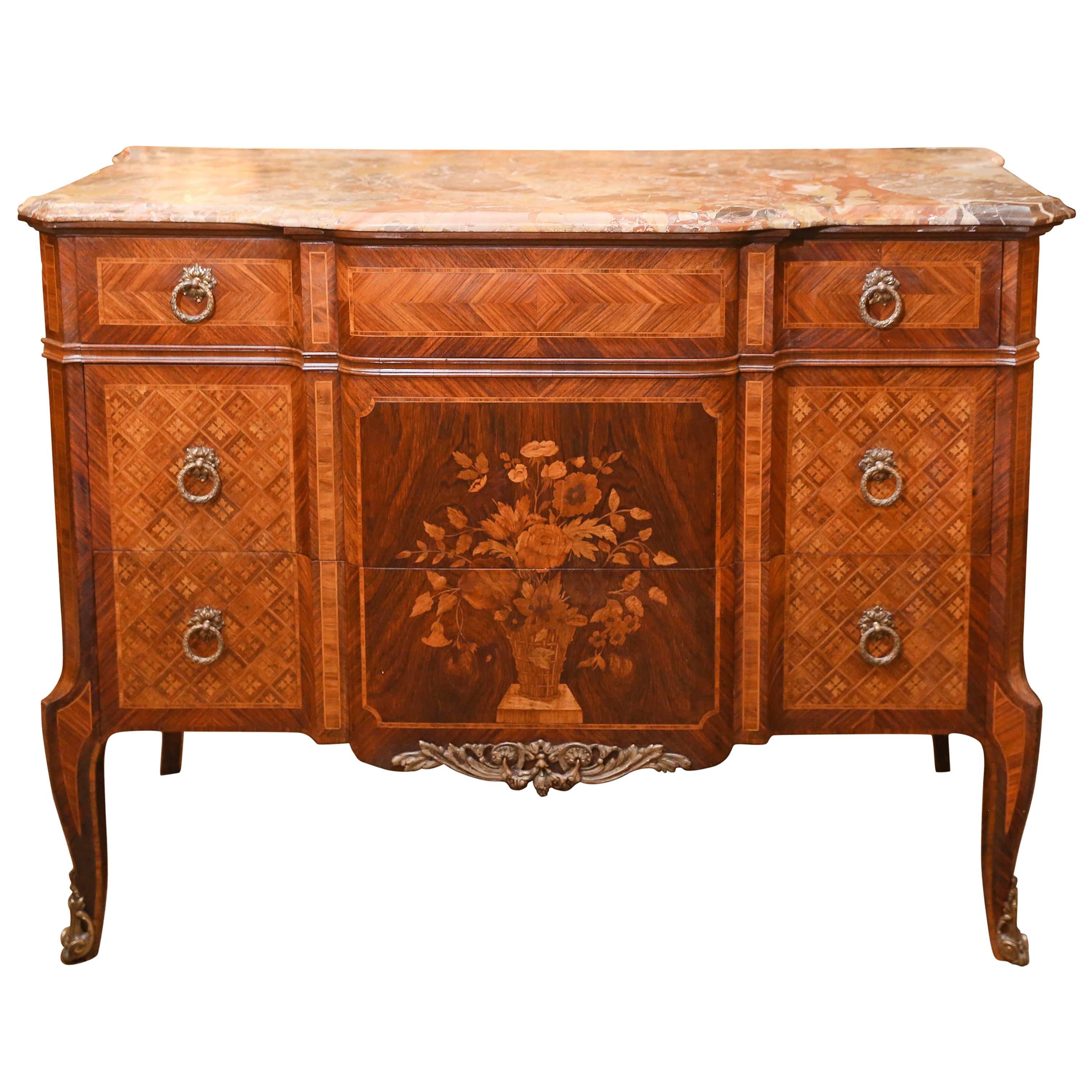 French Louis XV Style Marble-Top Marquetry Commode, Late 19th Century