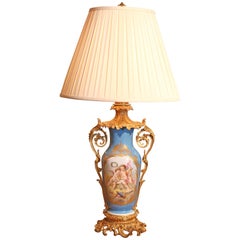 Vintage French Sèvres Porcelain Lamp in Celeste Blue with Hand-Painted Reserves
