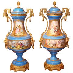 Sevres French Porcelain Capped Urns, 19th Century with Bronze Doré Mounts