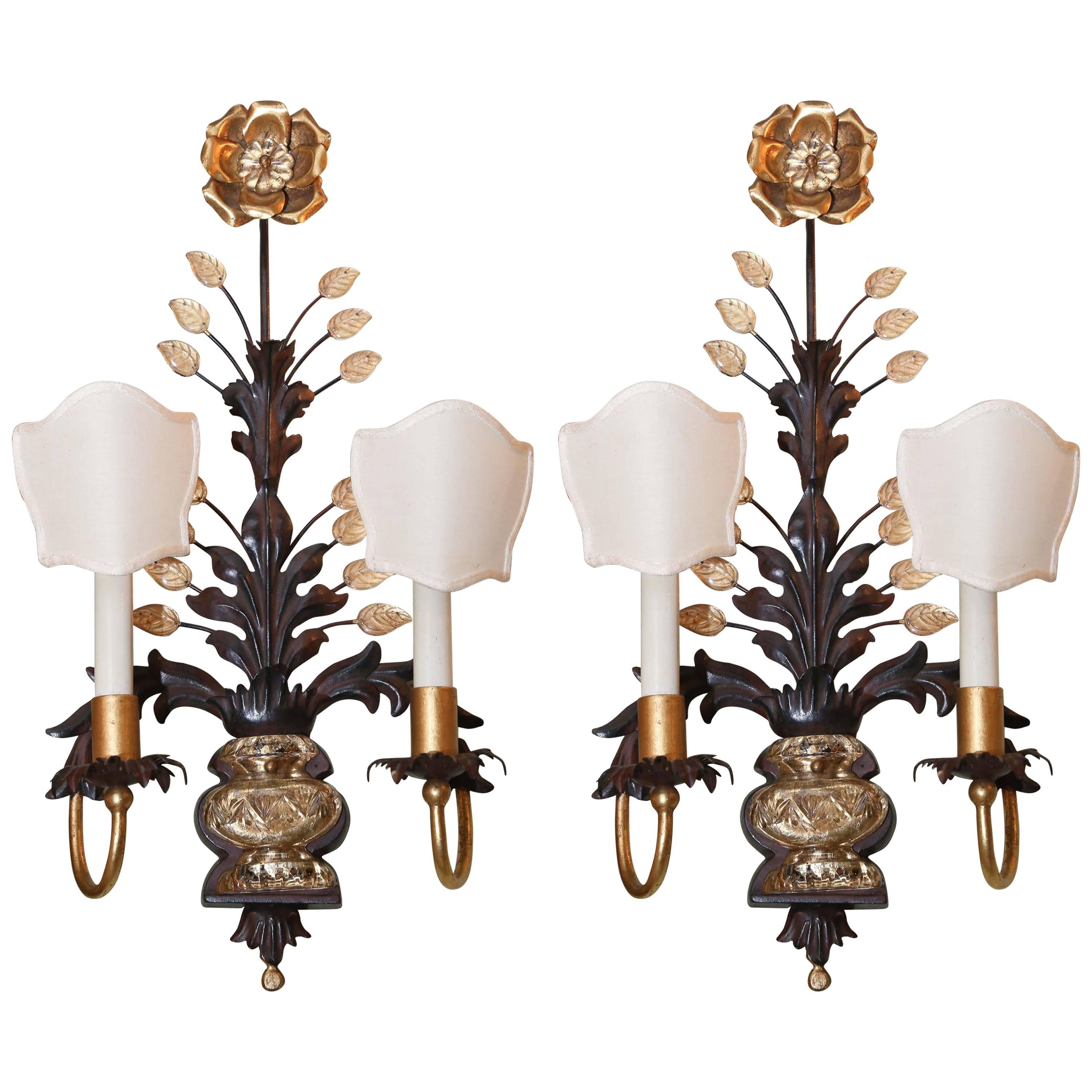 Pair of Wall Sconces with Two Lights, circa 1930, style of Maison Baguès