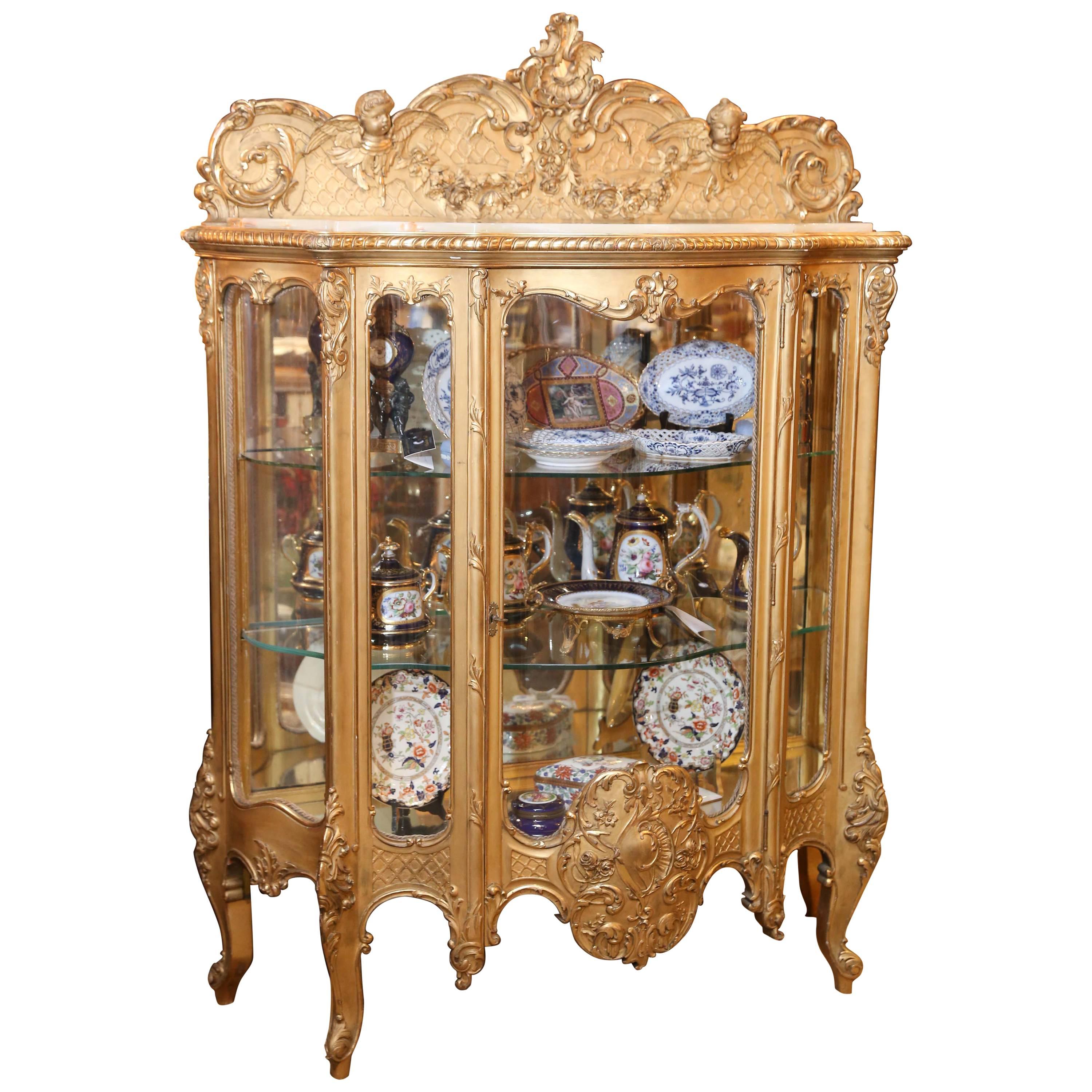 French Giltwood Vitrine, 19th C. louis  XV Style with Alabaster Top, curved side