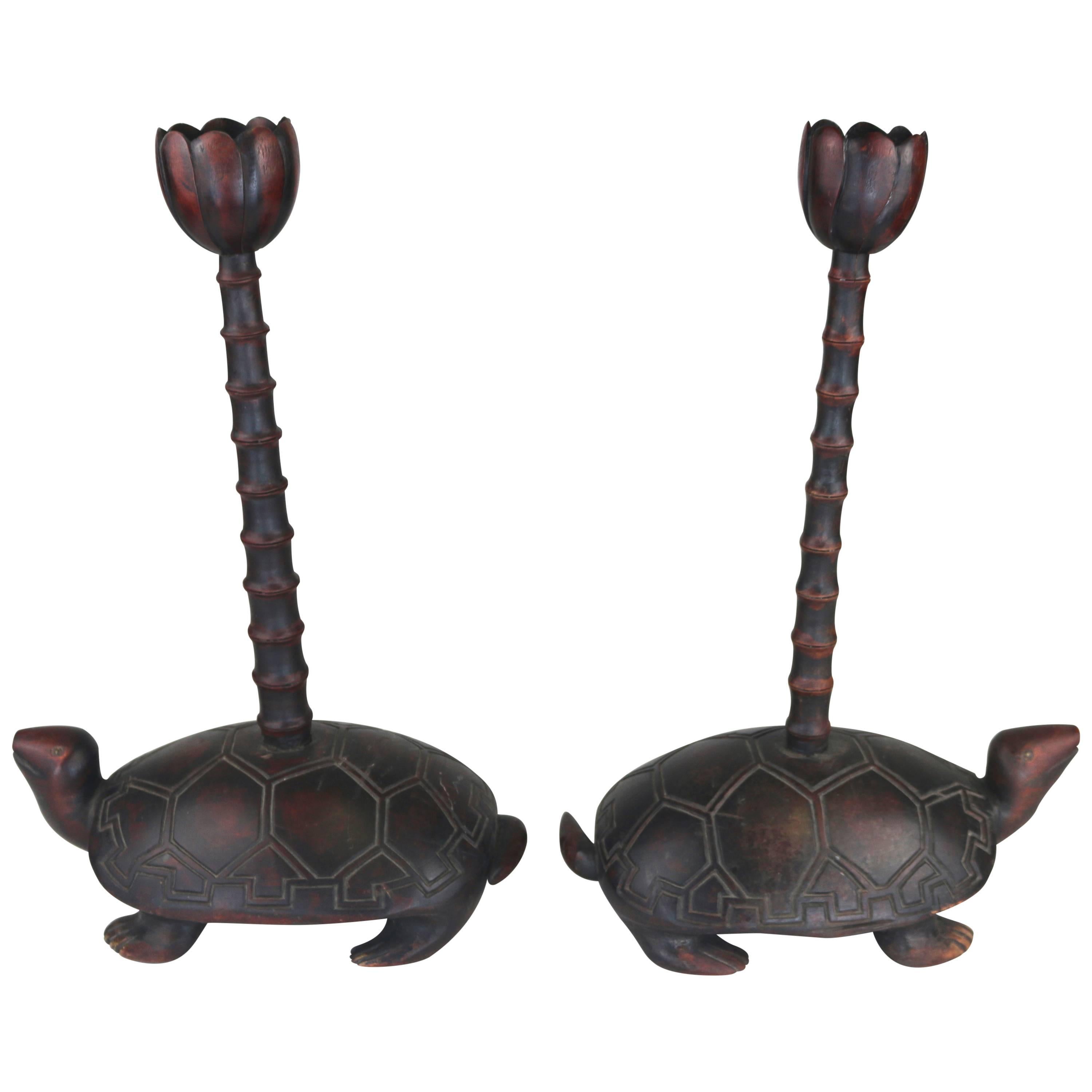 Unique and Rare Carved Wood Turtle Candlesticks For Sale