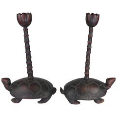 Unique and Rare Carved Wood Turtle Candlesticks
