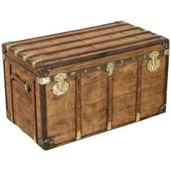 Antique French Traveling Steam Trunk of Wood, Brass, Leather and Iron