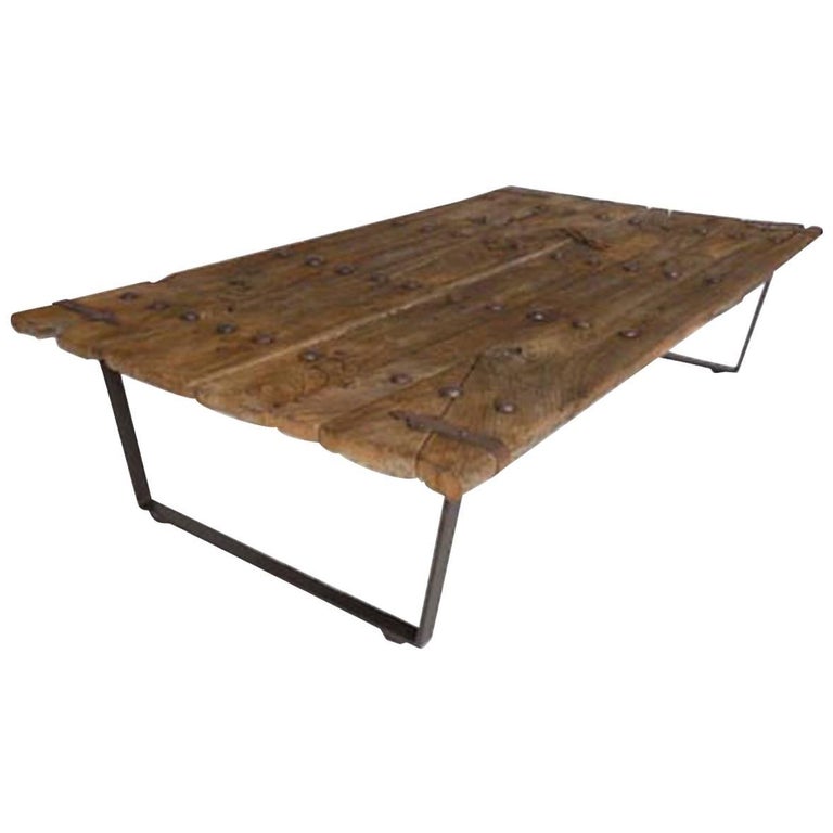 Early Japanese Elm Door Coffee Table with Iron Nails on Custom Base at