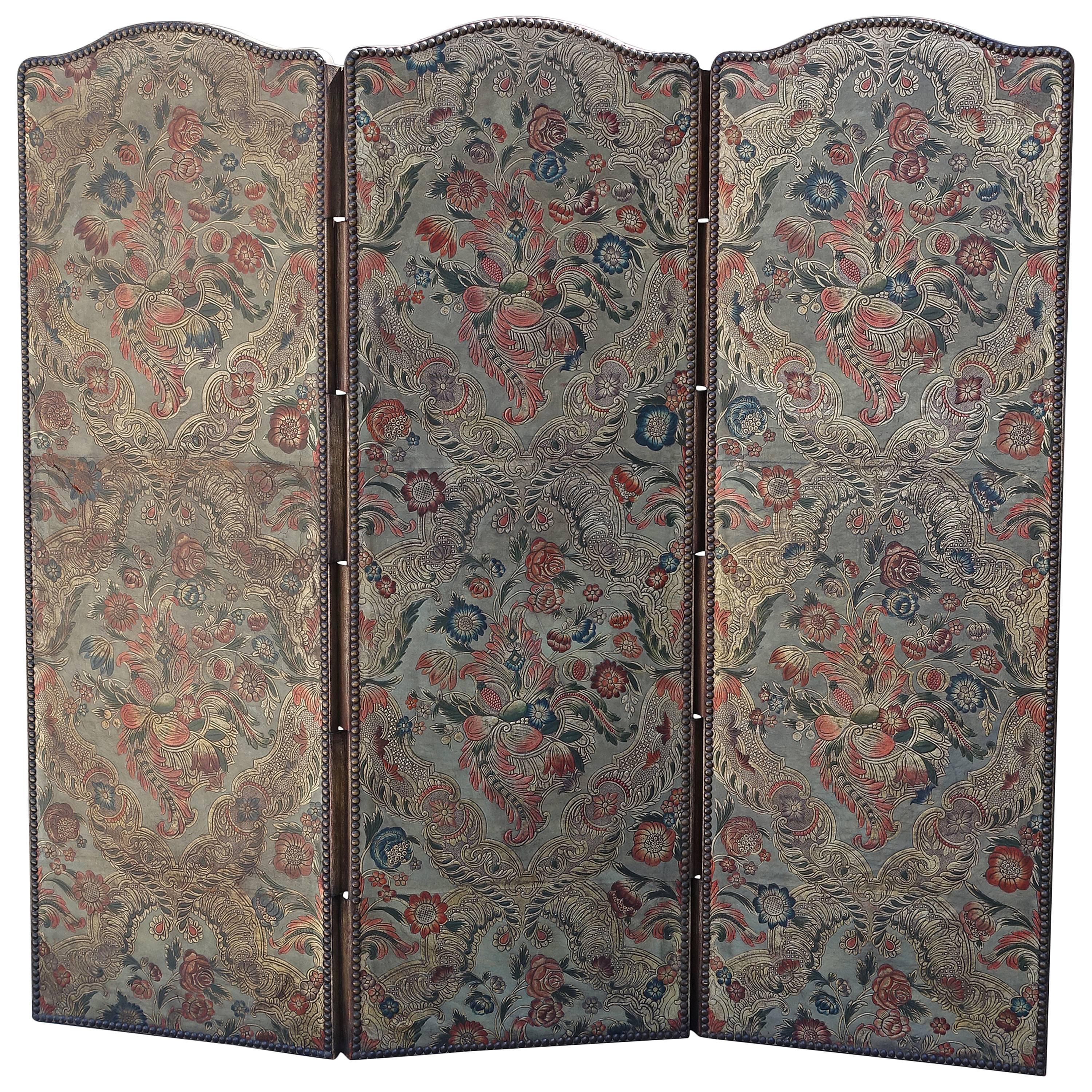 19th Century Embossed Three-Panel Leather Screen