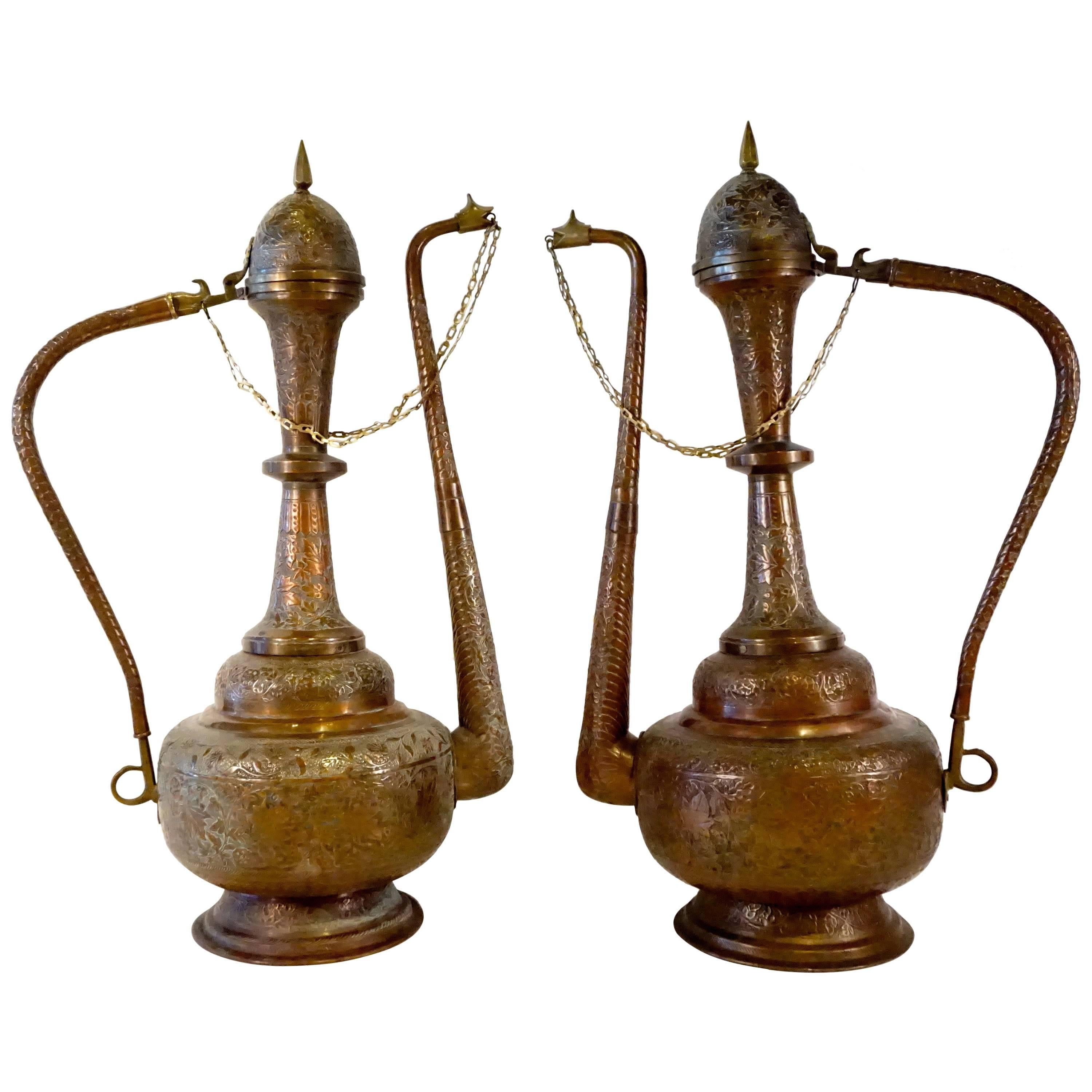 Vintage Pair of 1950s Extraordinarily Large Brass and Copper Moroccan Ewers For Sale