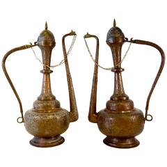 Retro Pair of 1950s Extraordinarily Large Brass and Copper Moroccan Ewers