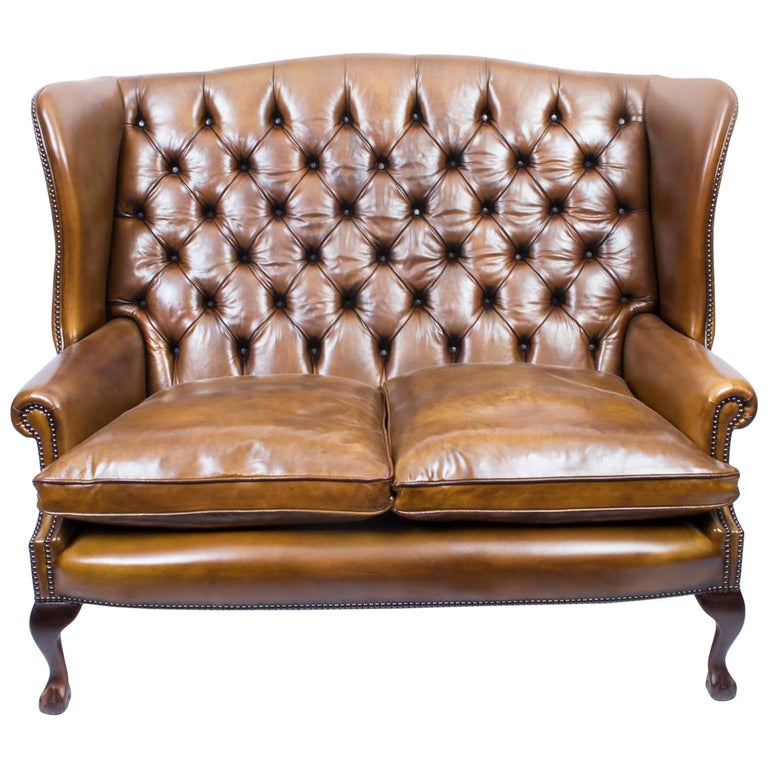 Bespoke English Leather Chippendale Club Settee Sofa In Cognac