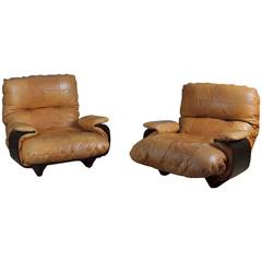 Vintage Pair of Brown Leather Upholstered Marsala Club Chairs by Marcel Ducaroy