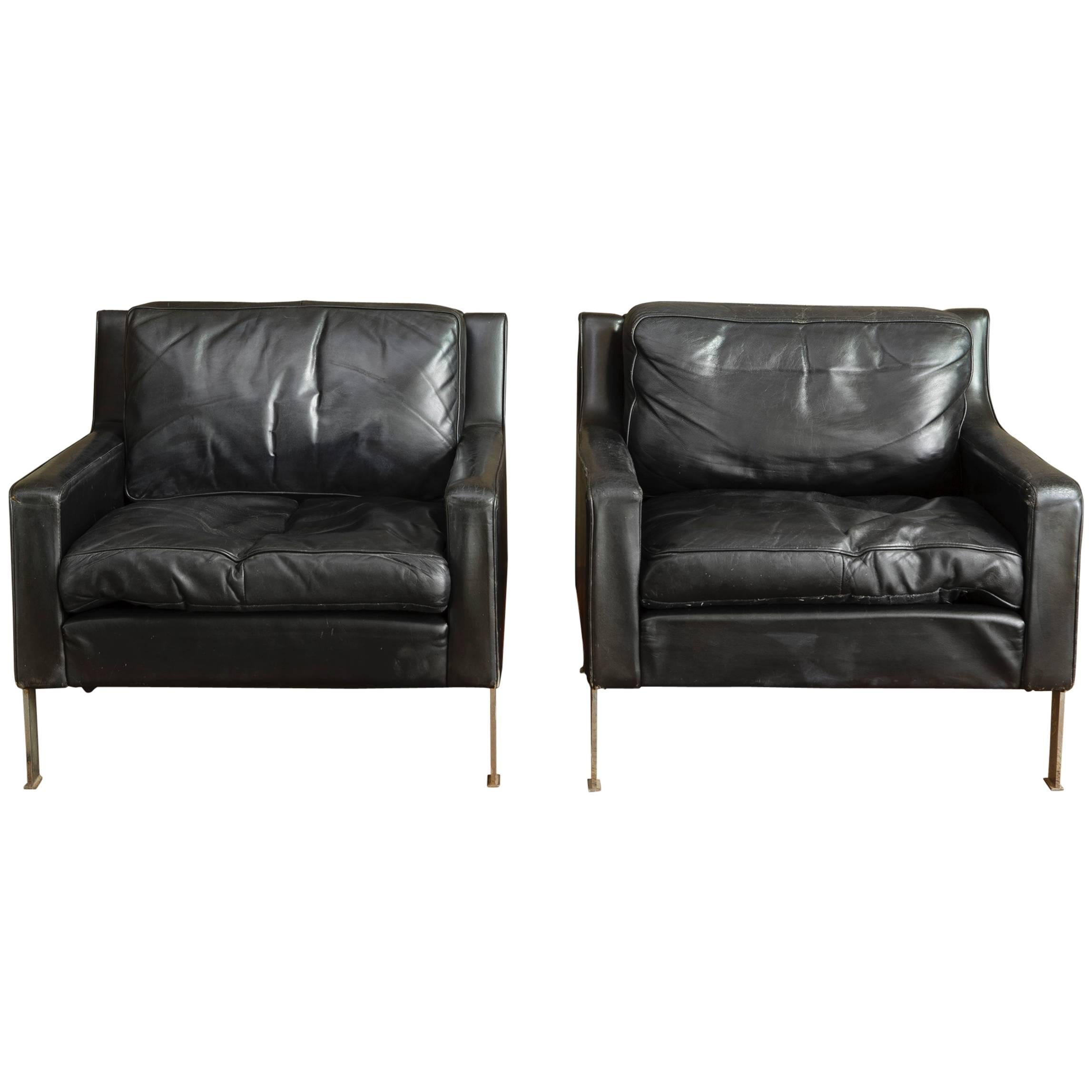 Pair of 1970s European Black Leather Club Chairs or Fauteuils