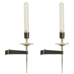 Rare Paire of Sconces with Opaline Glass Candel, Maison Arlus, 1950