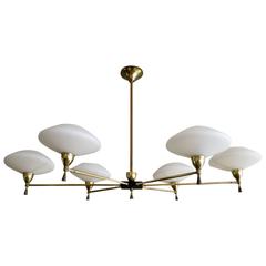 Mid-Century French Brass and Opaque Glass Chandelier