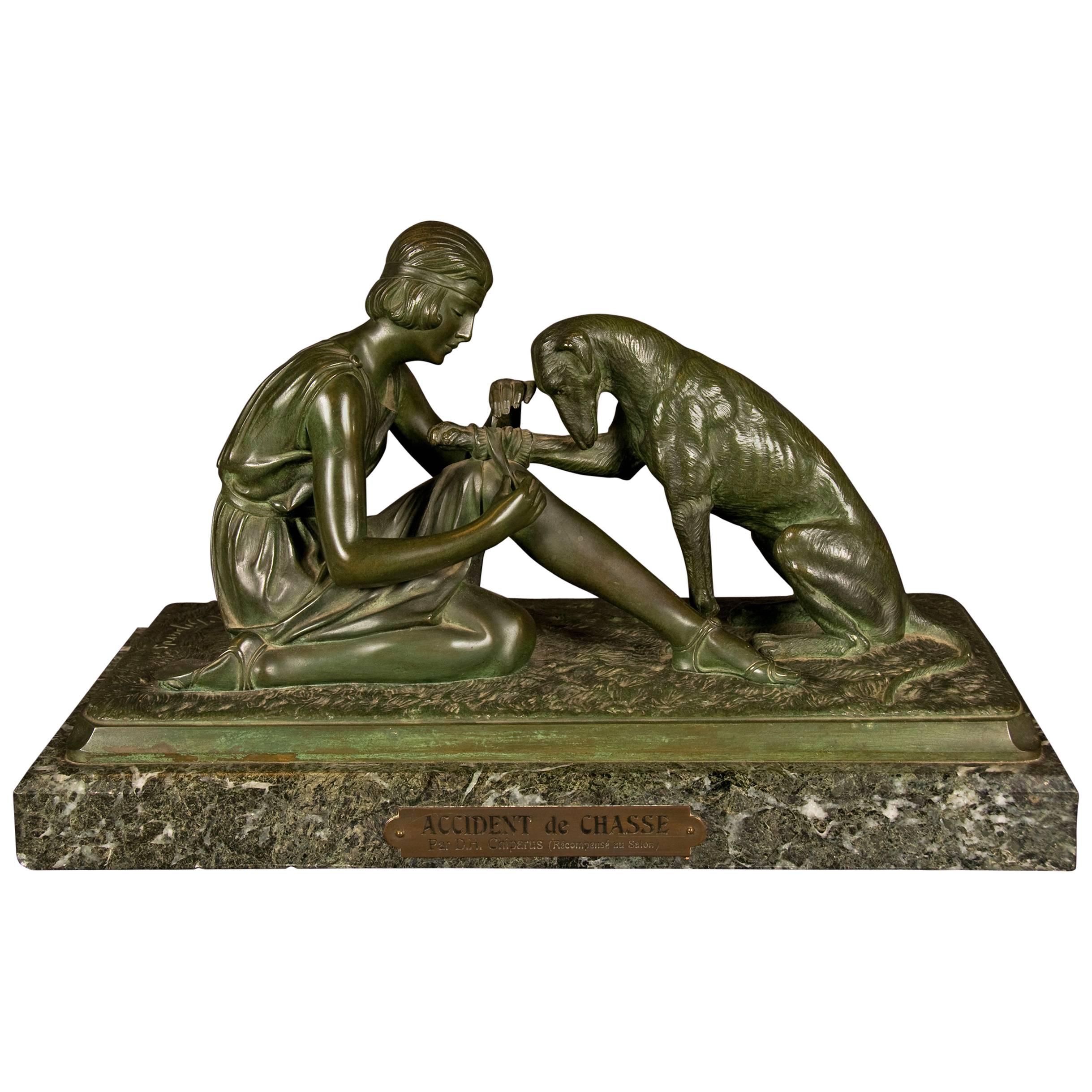 Art Deco Bronze Sculpture "A Hunting Accident'' Signed D.H. Chiparus, France For Sale