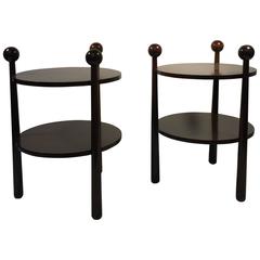 Fantastic Pair of French Two-Tier Wooden Tripod Side Tables with Ball Accents