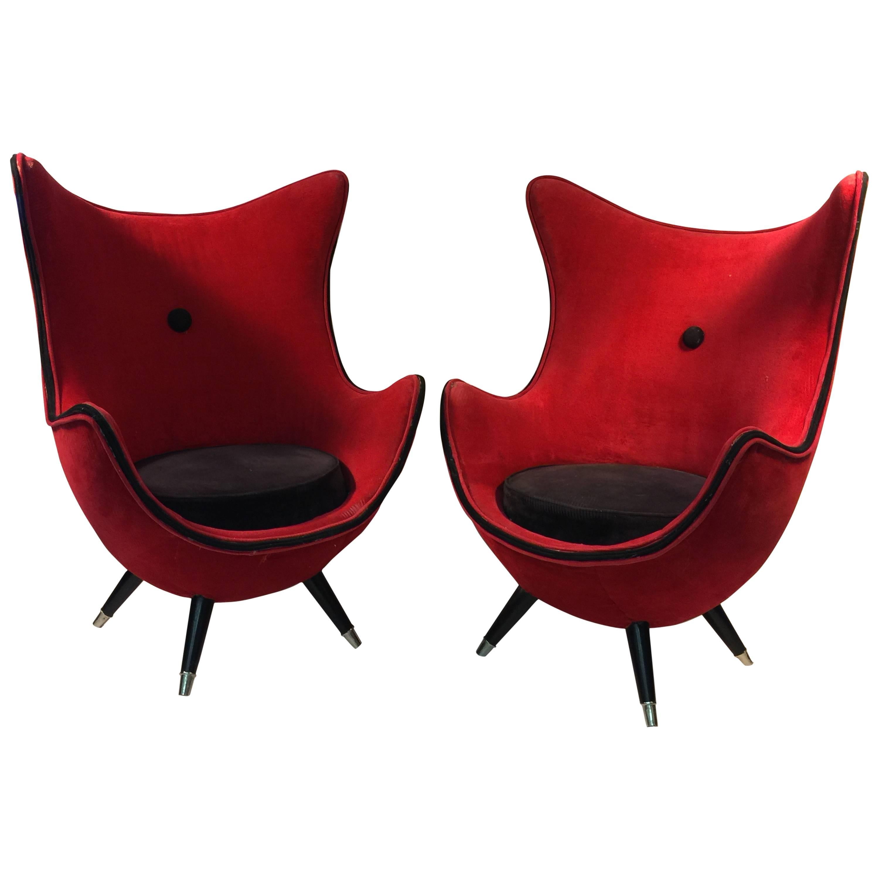  Exceptional Pair of Modernist Red/Black Lounge Chairs Atrributed to Jean Royere For Sale