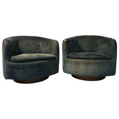 Magnificent Pair of Blue Milo Baughman for Thayer Coggin Swivel Chairs