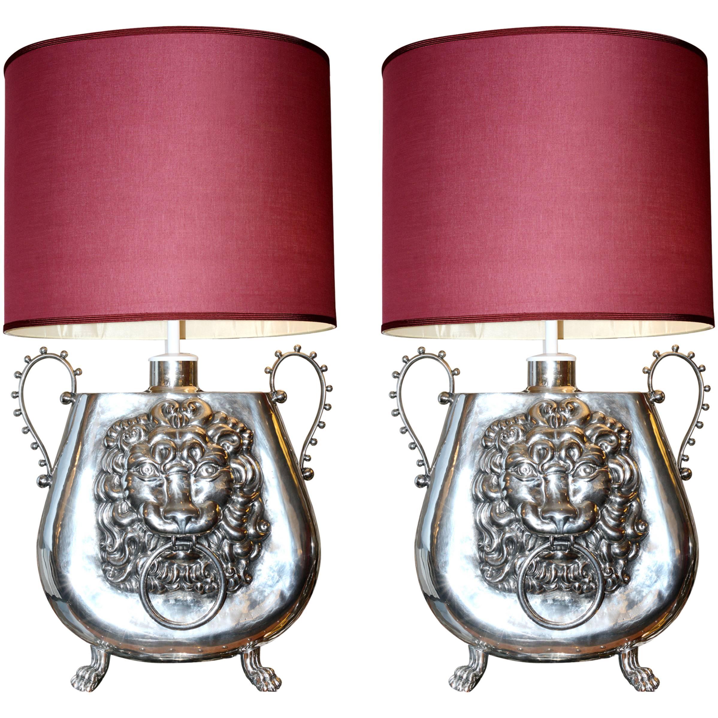 Set of Two Vase Lamp with Lion Head