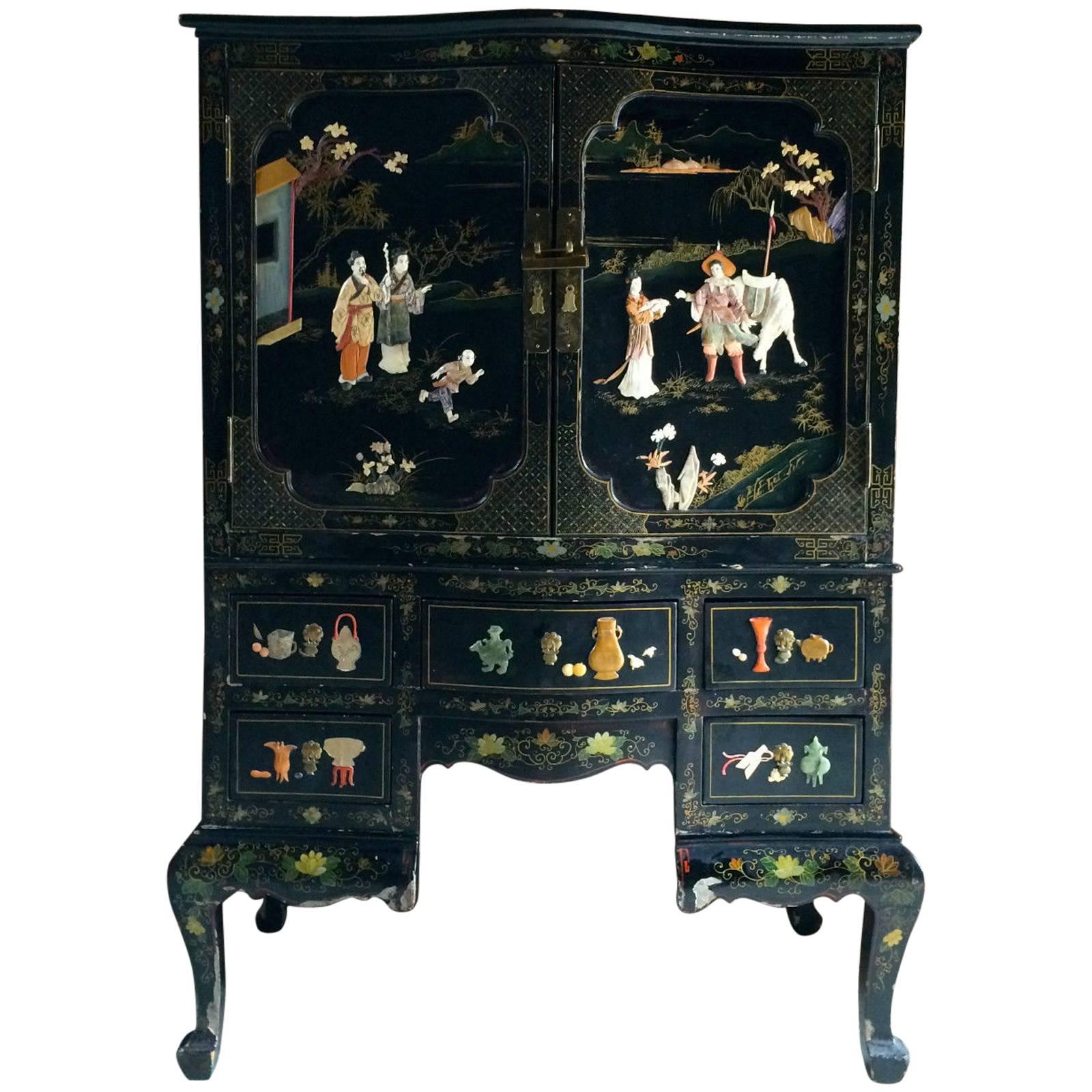Antique Style Cabinet Dresser Chest Chinoiserie Oriental Lacquered