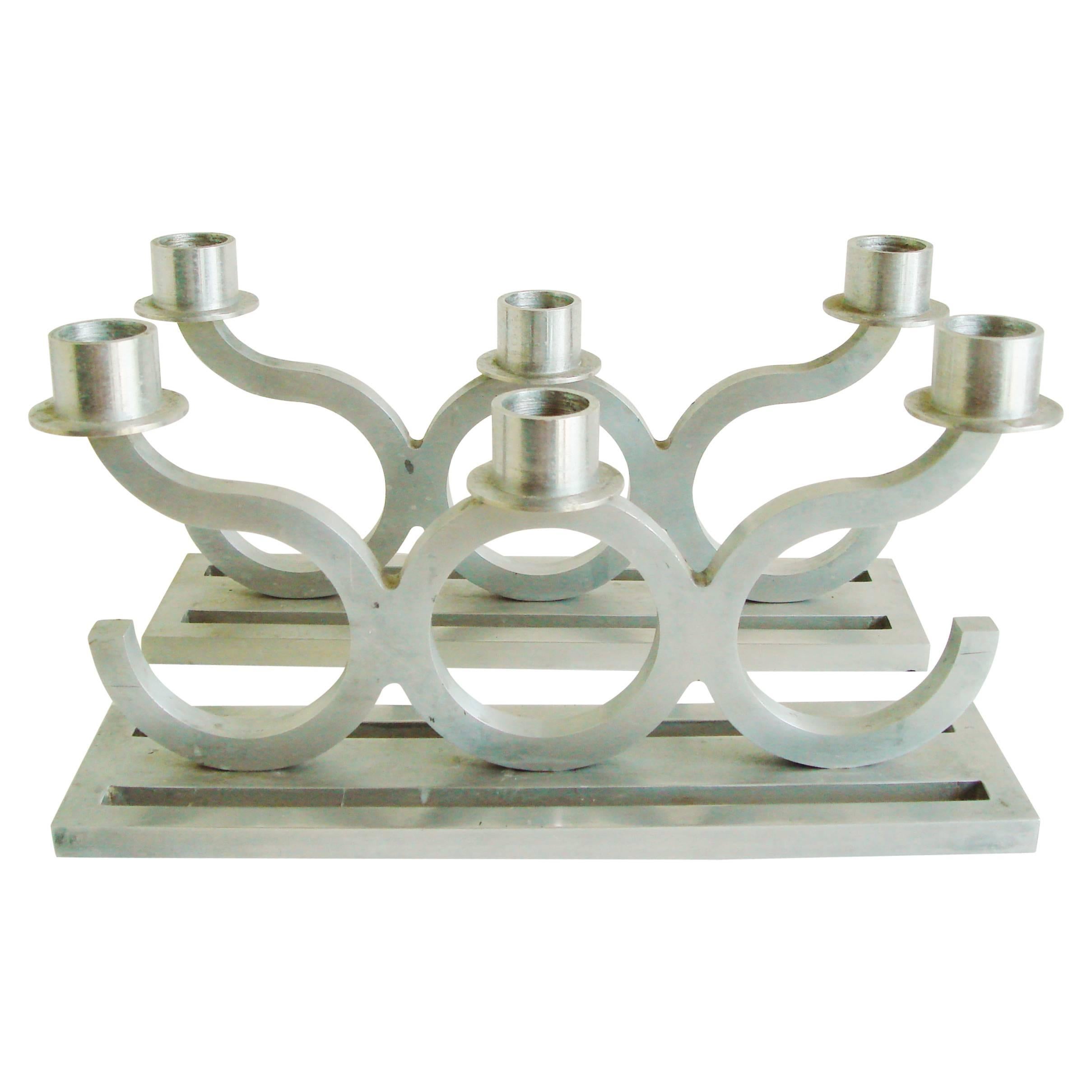 Pair of American Art Deco Bright & Brushed Aluminum Inline Triple Candleholders For Sale