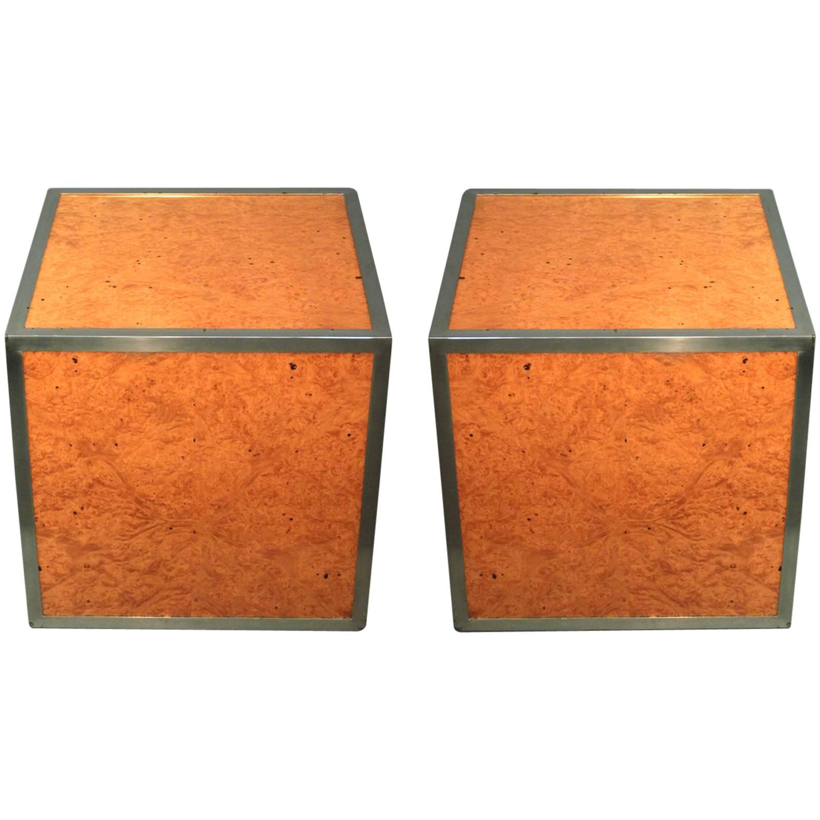 Pair of 1970s Pedestals or End Tables in Burr Elm and Chrome