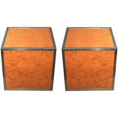 Pair of 1970s Pedestals or End Tables in Burr Elm and Chrome