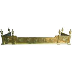 English Polished Solid Brass Fireplace Fender Adorned with Finials, 19th Century