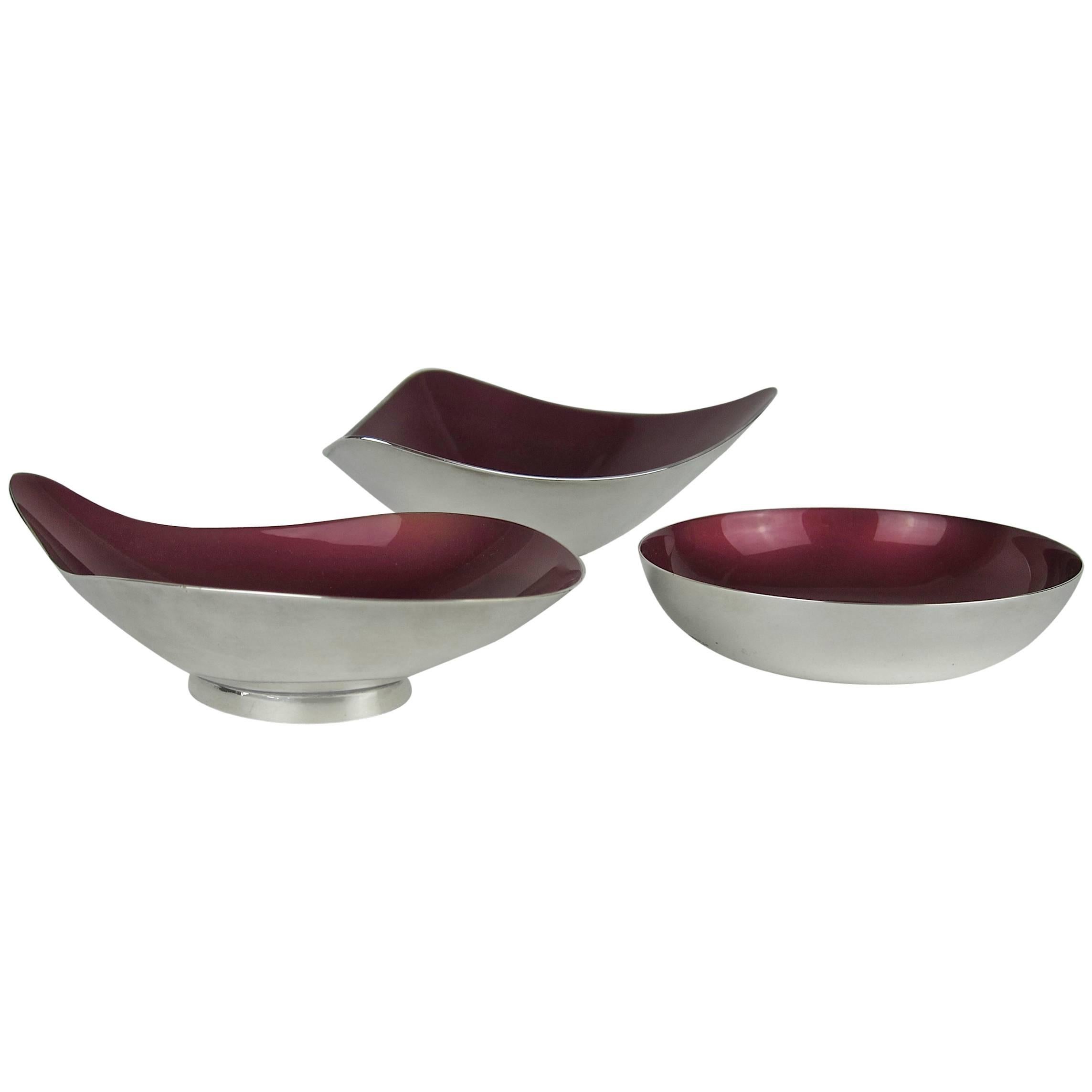 Mid-Century Reed & Barton Silverplate Bowl Set with Ruby Red Color Glaze