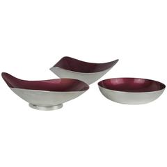 Vintage Mid-Century Reed & Barton Silverplate Bowl Set with Ruby Red Color Glaze