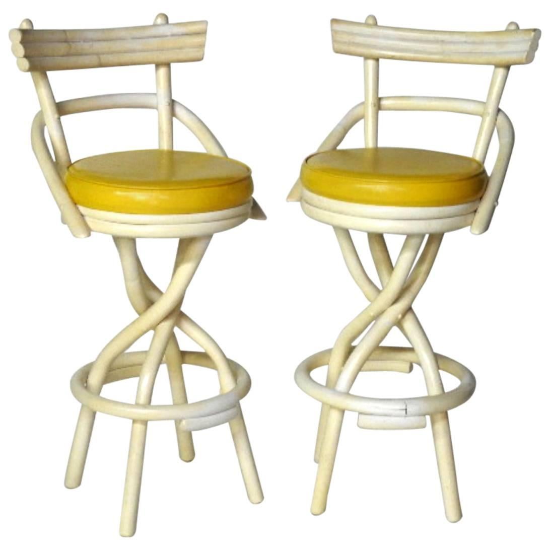 Pair of James Mont Style Barstools by Hermosa Rattan For Sale