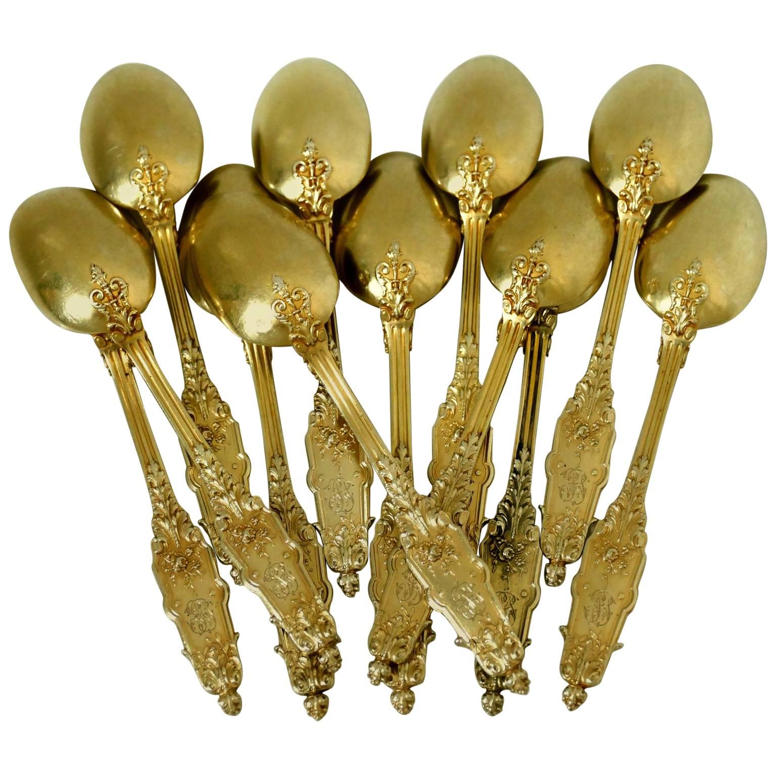 Puiforcat French Sterling Silver 18k Gold Tea Spoons Set 12 pc Box Acanthus