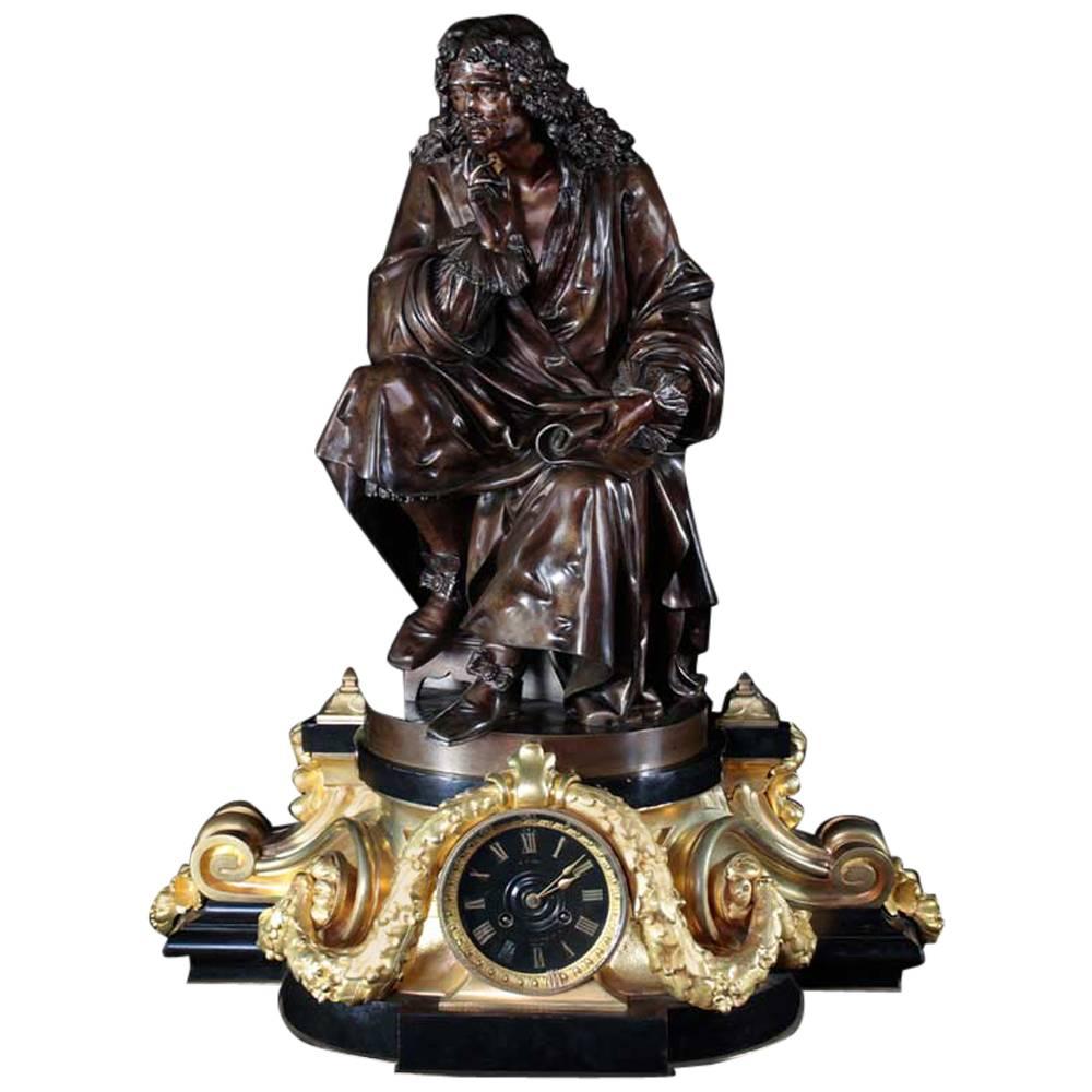 Exceptional Bronze-Mounted "Molière" Clock, Carrier de Belleuse For Sale