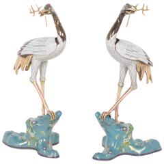 Pair of Large  Vintage Cloisonne Cranes