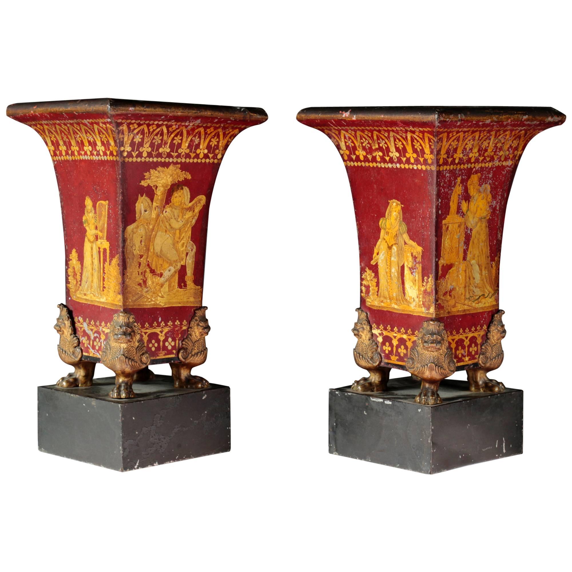 Pair of Sheet Metal Vases in Gothic Revival Style, 19th Century For Sale
