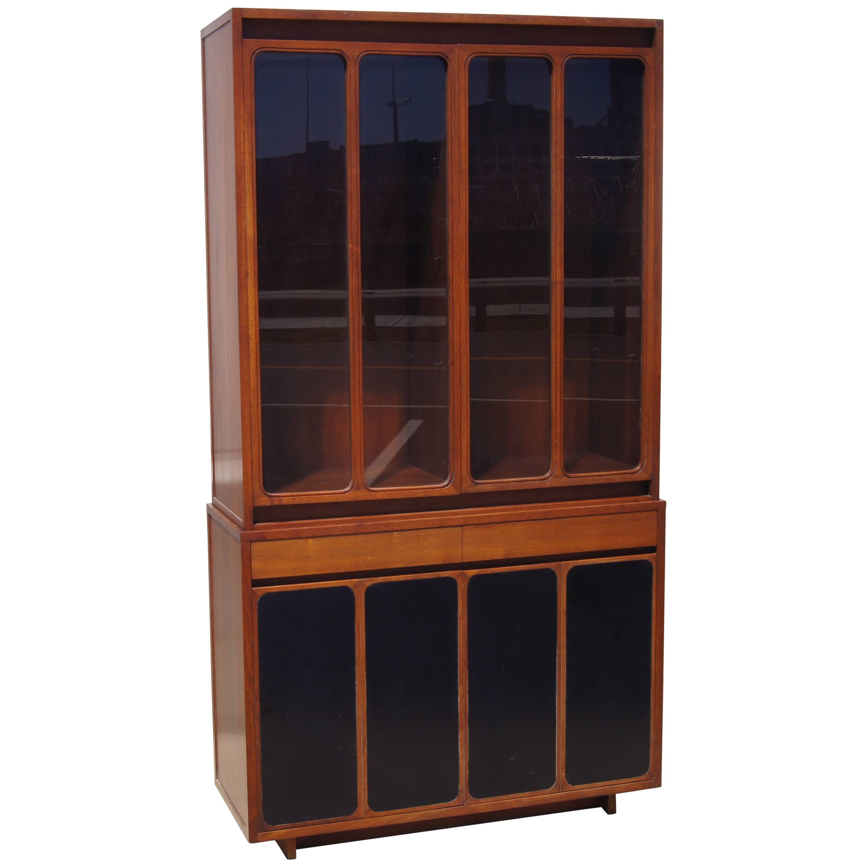 Tall Walnut and Leather Cabinet with Glass Doors by Paul McCobb for H. Sacks For Sale