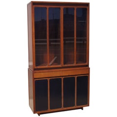 Tall Walnut and Leather Cabinet with Glass Doors by Paul McCobb for H. Sacks