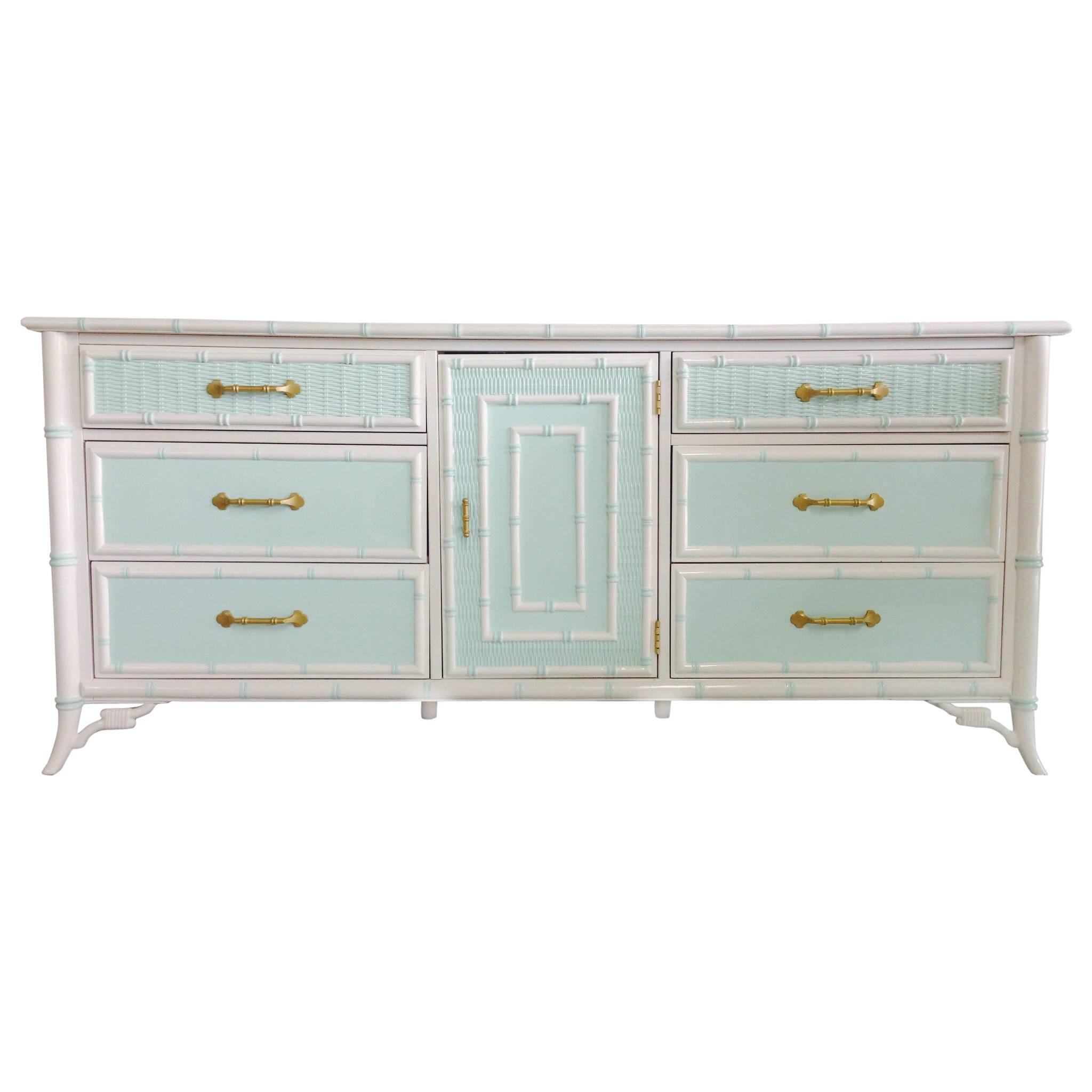 Vintage Lacquered Mint and White Faux-Bamboo Credenza or Sideboard