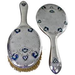 Liberty Silver Enamel Mirror and Brush Designed Jessie M. King, Birmigham, 1906