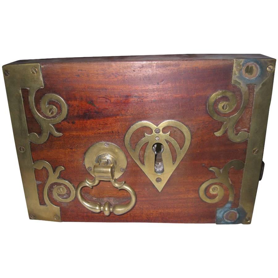 18th century Georgian Decorative Mahogany and Brass Door Lock in Heart Design  For Sale