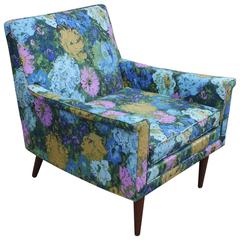 Blue Green and Pink Floral Mid Century Modern Lounge Chair with Walnut Legs